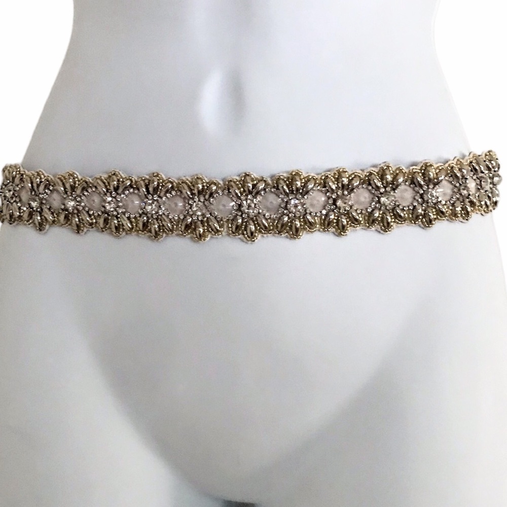 Bridal Belt Stretch Tan White Silver Gold Beads & Crystals Snap Closure